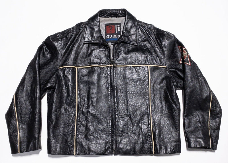 Vintage Guess Leather Jacket Men's 2XL USA 1981 Biker Embroidered Black Full Zip