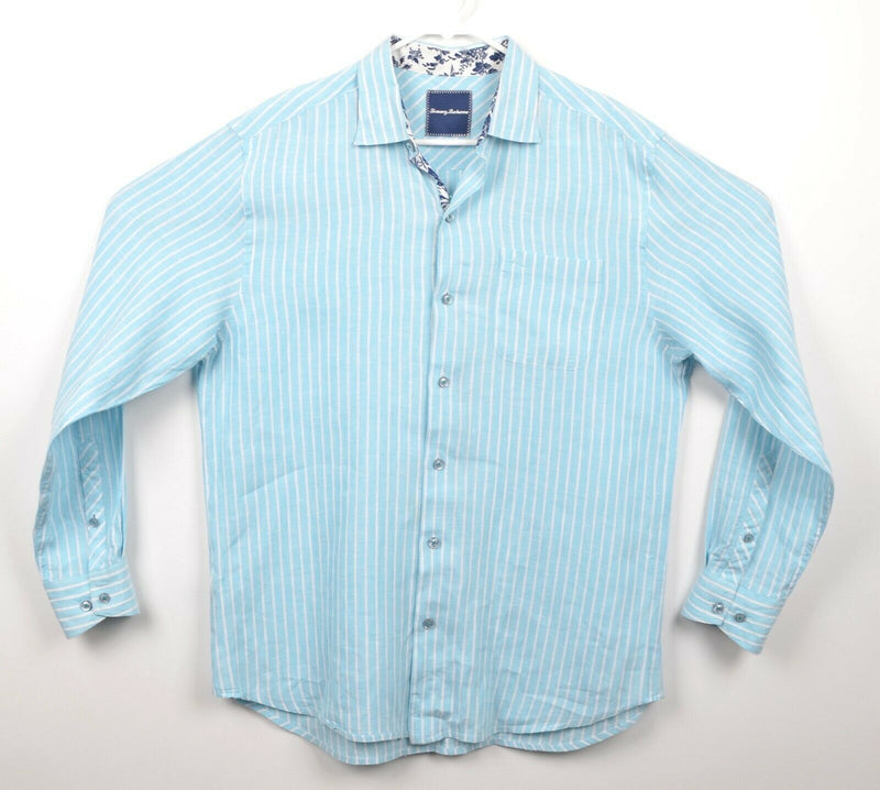 Tommy Bahama Men's Sz Medium 100% Linen Light Blue Striped Shirt