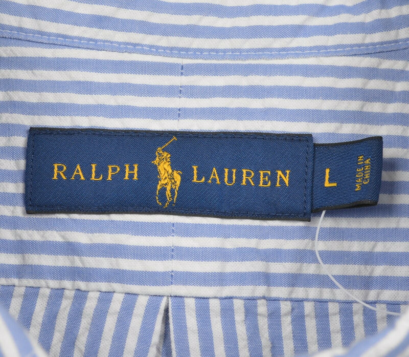 Polo Ralph Lauren Men's Sz Large Seersucker Blue White Striped Button-Down Shirt