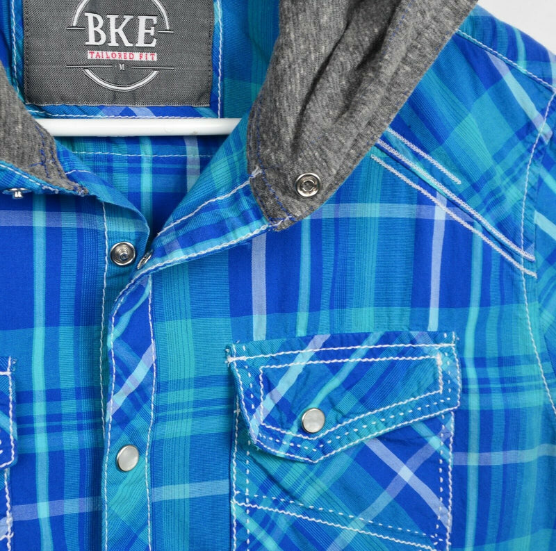 BKE Men's Sz Medium Tailored Fit Pearl Snap Blue Plaid Western Hoodie Shirt