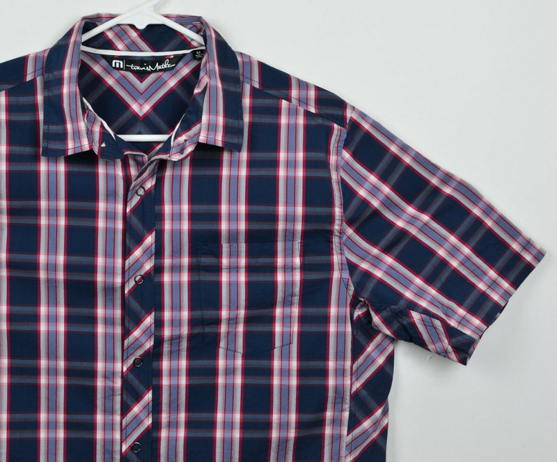 Travis Mathew Men's Sz Medium Snap-Front Red Blue Plaid Cotton Nylon Blend Shirt