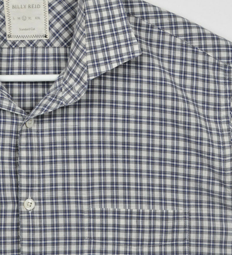 Billy Reid Men's Large Standard Cut Navy Blue Gray Plaid Spread Collar Shirt