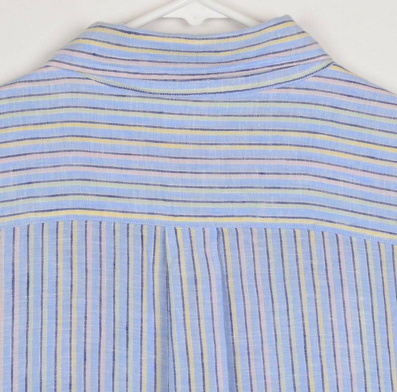 Brooks Brothers Men's Sz Large 100% Linen Blue Striped Long Sleeve Shirt