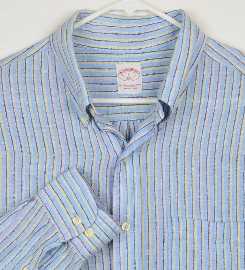 Brooks Brothers Men's Sz Large 100% Linen Blue Striped Long Sleeve Shirt