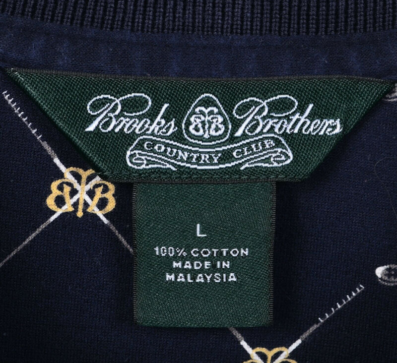 Brooks Brothers Country Club Men Large Argyle Diamond Navy Blue Logo Polo Shirt