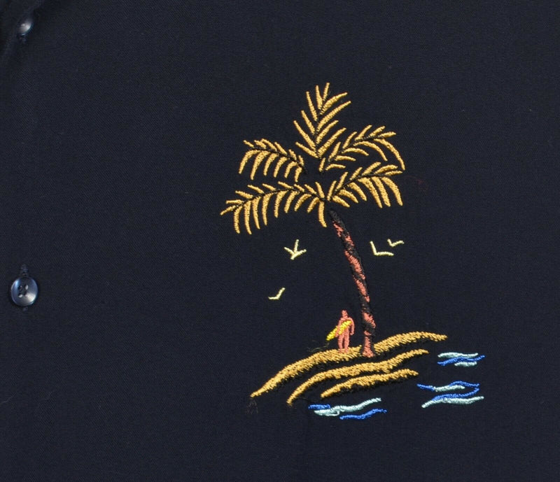 Zara Men's XL Okinawa Beach Navy Blue Viscose Embroidered Hawaiian Camp Shirt