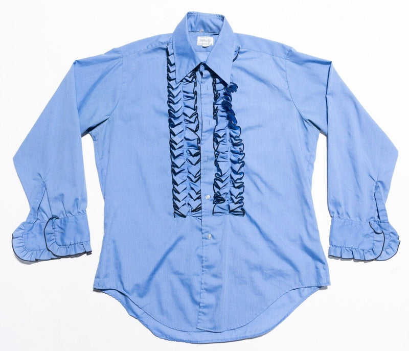 Vintage Delton Ruffle Tuxedo Shirt Men's 16-33 Wedding Prom 70s Mod Blue