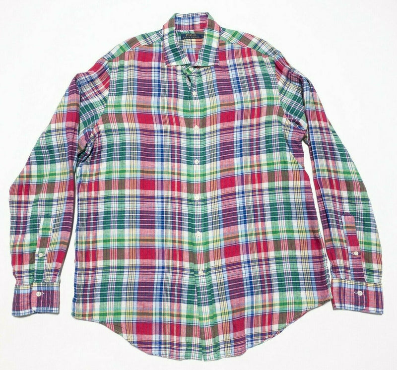 Polo Ralph Lauren Men's Large 100% Linen Multi-Color Red Green Blue Plaid Shirt