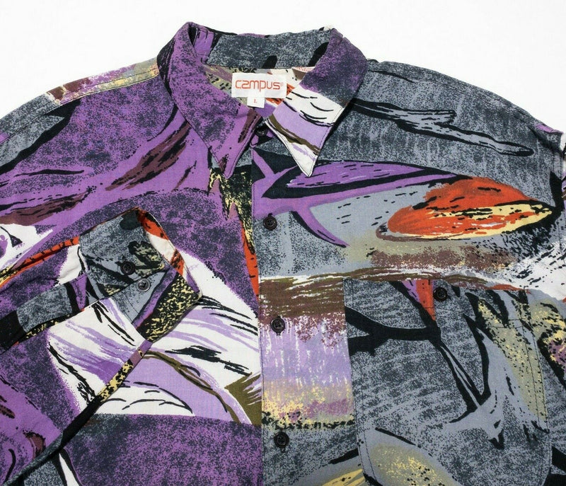 Campus Rayon Shirt Men's Large Vintage 90s Rockabilly Abstract Art Party Purple