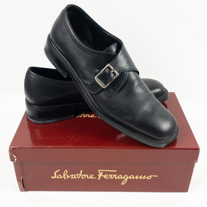 Salvatore Ferragamo Buckled Leather Loafers Men's 9 D Nero Calf Black with Box