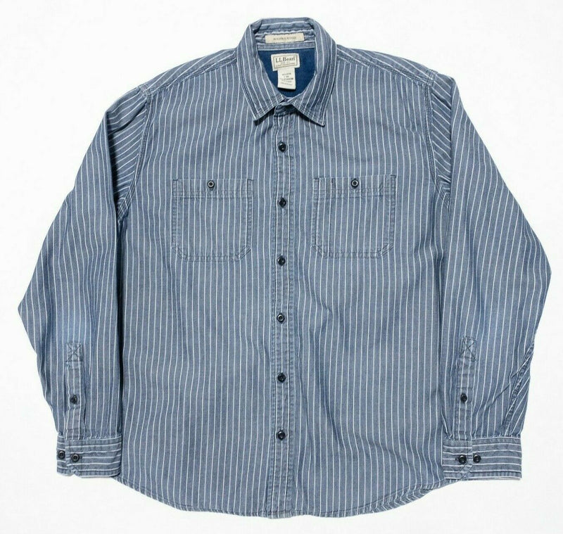 L.L. Bean Denim Striped Workwear Shirt Blue Striped Long Sleeve Men's Large