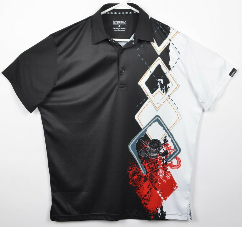 Tattoo Golf Men's Medium Skull Black White Argyle Wicking Golf Polo Shirt