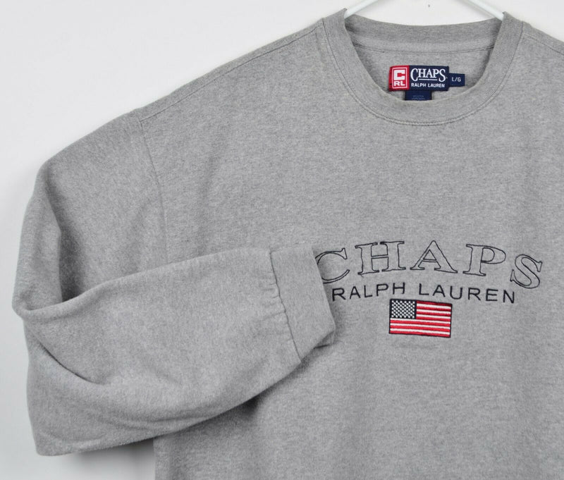 Vtg Chaps Ralph Lauren Men's Large USA Flag Spell Out Gray Crewneck Sweatshirt