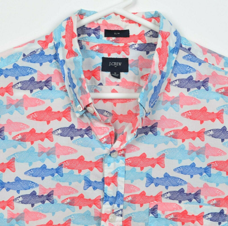 J. Crew Men's Medium Slim Fish Trout Pattern Pink Blue Button-Down Shirt