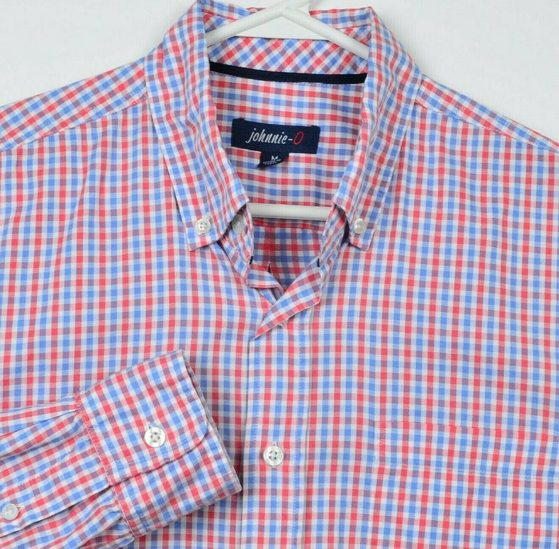 Johnnie-O Men's Medium Blue Red Plaid Check Preppy Long Sleeve Button-Down Shirt