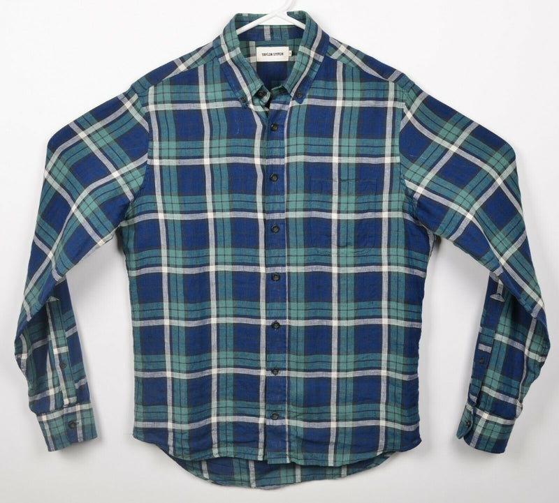 Taylor Stitch Men's 38 (Small) 100% Linen Blue Green Plaid Button-Down Shirt