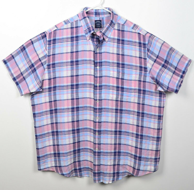 Brooks Brothers Men's XLT Irish Linen Pink Blue Plaid Button-Down Shirt