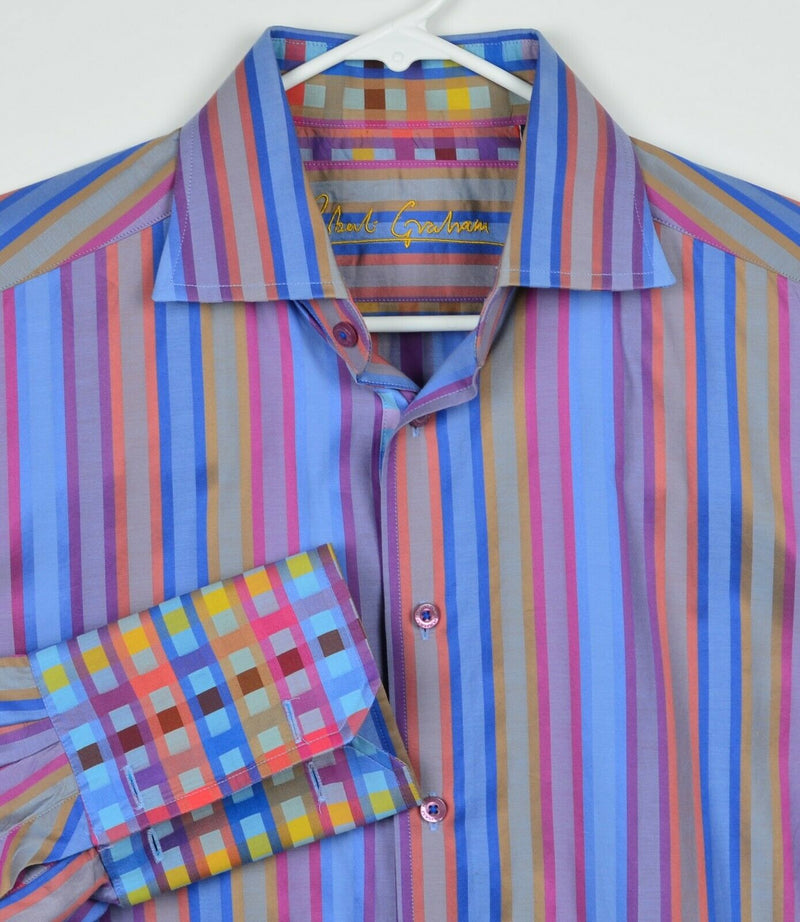 Robert Graham Men's Large French Cuff Multicolor Pink Blue Striped Dress Shirt