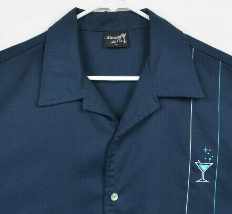 Vtg Steady Last Call Men Sz XL Embroidered Martini Rayon Lounge Rockabilly Shirt