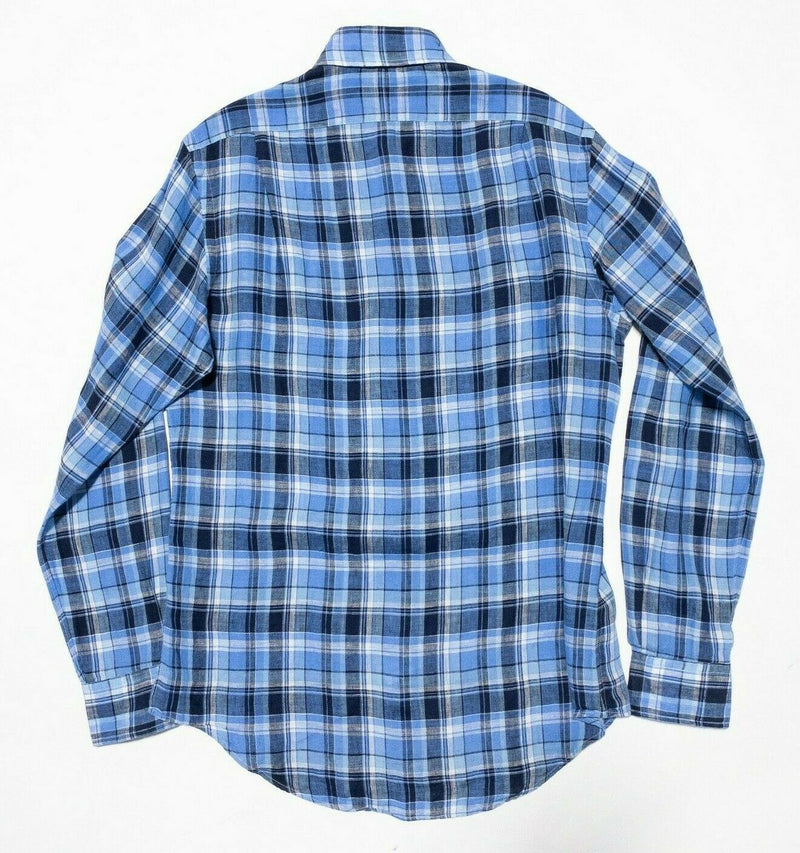 Polo Ralph Lauren Linen Shirt Blue Plaid Spread Collar Long Sleeve Men's Small