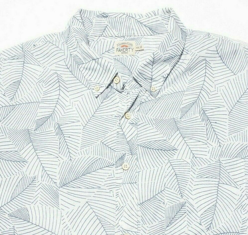 Faherty XXL Shirt Men's Playa Shirt Leaf Print White Blue Short Sleeve 2XL