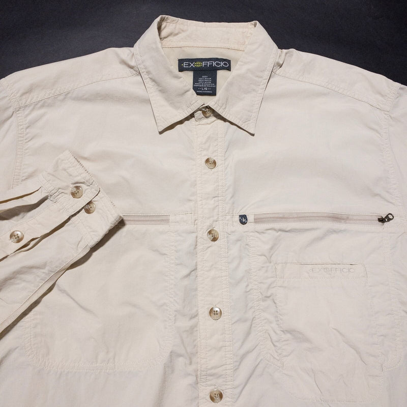 ExOfficio Fishing Shirt Men's Large Vented Travel Solid Beige Long Sleeve Button
