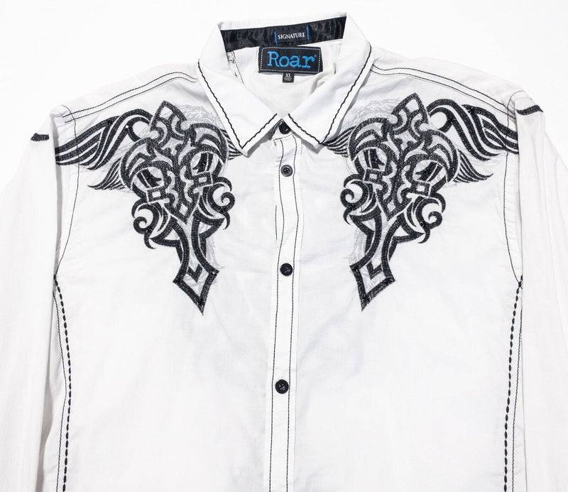 Roar Signature Shirt XL Men's Tribal Cross Wings Embroidered White Long Sleeve
