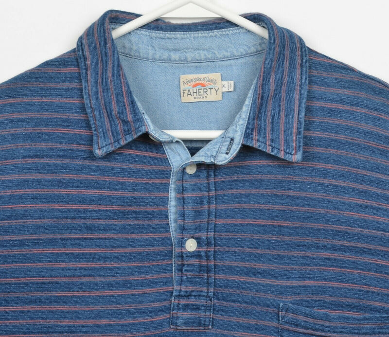 Faherty Brand Men's XL Blue Pink Striped Indigo Dyed Short Sleeve Polo Shirt