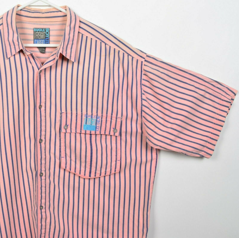 Vintage 90s Bugle Boy Men's XLT Freight Cargo Pink Striped Button-Front Shirt
