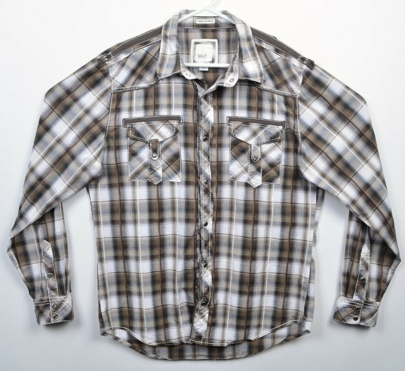 BKE Buckle Men's Large Athletic Fit Stretch Pearl Snap Brown Plaid Western Shirt