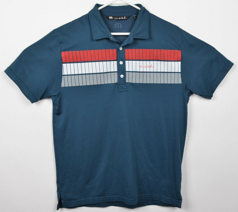 Travis Mathew Men's Large Blue Red Gray Striped Cotton Poly Golf Polo Shirt