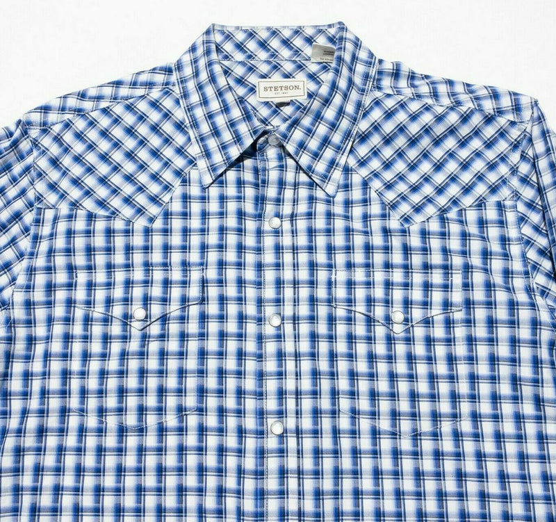 Stetson Pearl Snap Shirt Men's Large Blue Plaid Western Rockabilly Long Sleeve