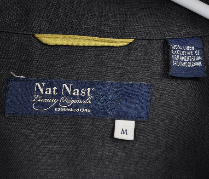 Nat Nast Men's Sz Medium 100% Linen Paisley Embroidered Black Hawaiian Shirt