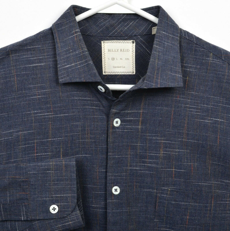 Billy Reid Men's Medium Standard Cut Blue Geometric Stitch Button-Front Shirt