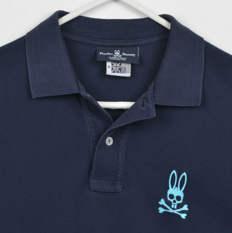 Psycho Bunny Men's Sz 6 (Large) Navy Blue Embroidered Punny Polo Rugby Shirt