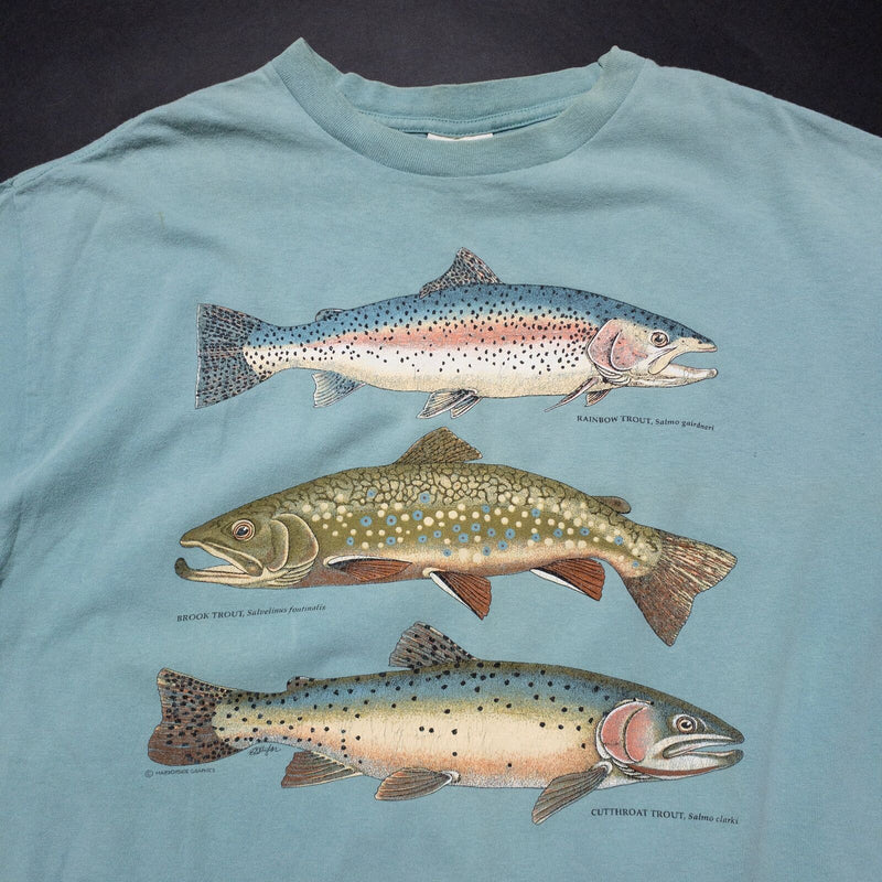 Vintage Fish T-Shirt Mens Large Teal Trout Single Stitch 90s Harborside Graphics