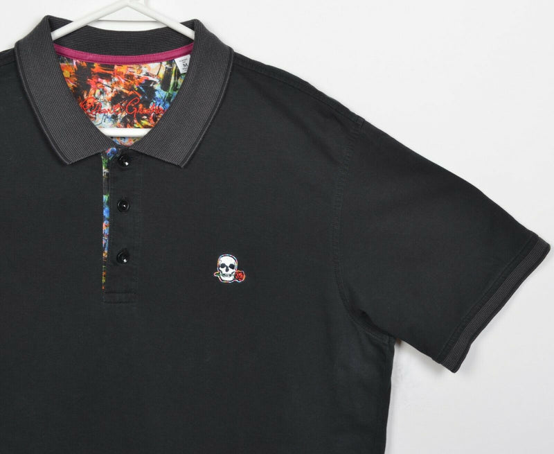 Robert Graham Men's Medium Classic Fit Skull Rose Embroidered Black Polo Shirt