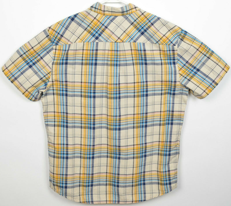 Prana Men's Large Yellow Blue Plaid Organic Cotton Poly Blend Button-Front Shirt