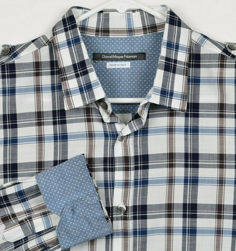 David Mayer Naman Men's XL Flip Cuff Navy Blue Plaid Made in Italy Shirt