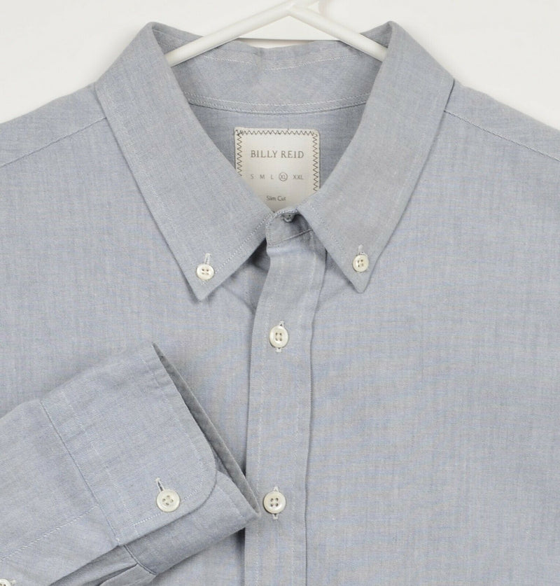 Billy Reid Men's XL Slim Cut Blue Chambray Embroidered Cursive Button-Down Shirt