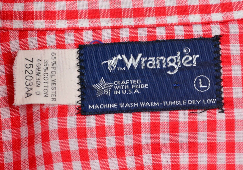 Vtg 70s Wrangler Men's Sz Large Pearl Snap Red White Gingham Check Plaid Shirt