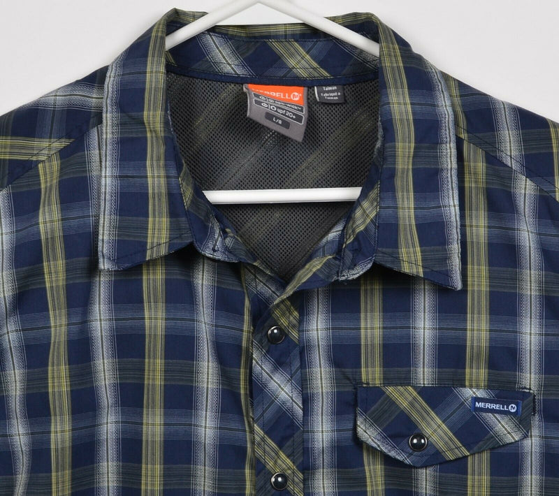 Merrell Men's Medium Pearl Snap Opti-Wick Navy Blue Plaid Hiking Travel Shirt