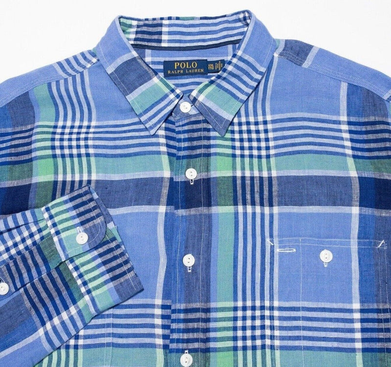 Polo Ralph Lauren Linen Shirt XXL Men's Blue Green Plaid Long Sleeve Button 2XL