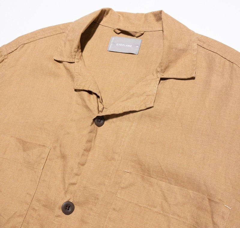 Everlane Linen Shirt Men's Medium Button-Up Light Tan Brown Camp Collar Pockets