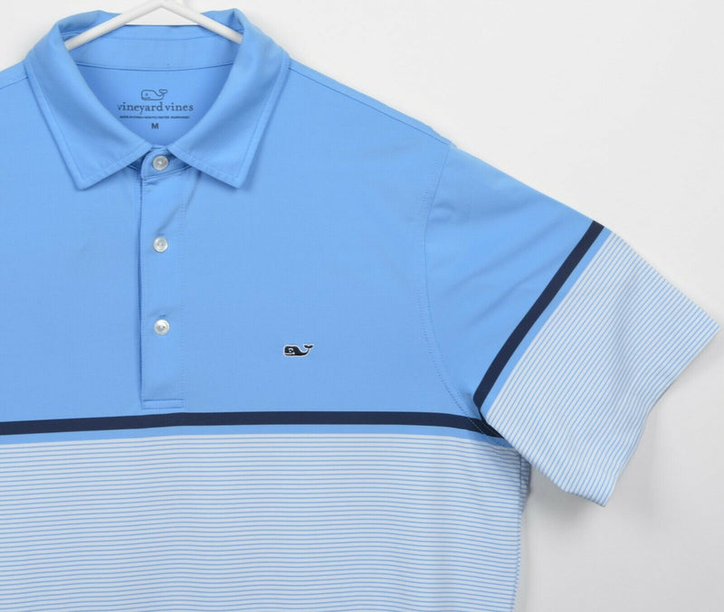 Vineyard Vines Men's Medium Blue Stripe Whale Polyester Wicking Golf Polo Shirt