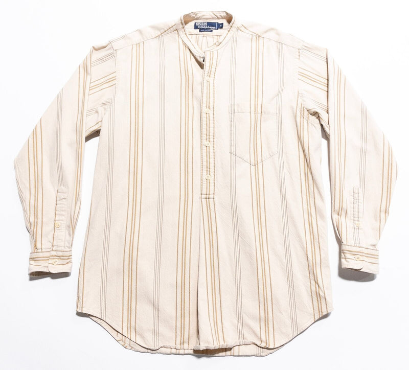 Polo Ralph Lauren Band Collar Shirt Men Medium Vintage 90s Beige Stripe Mandarin