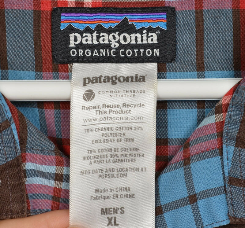 Patagonia Men's XL Fezzman Blue Brown Red Plaid Hiking Travel Button-Front Shirt