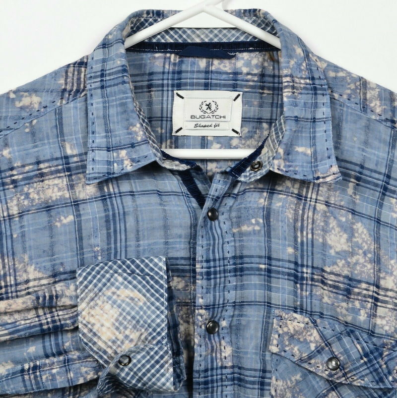 Bugatchi Men's Medium Shaped Fit Pearl Snap Flip Cuff Distressed Plaid Shirt