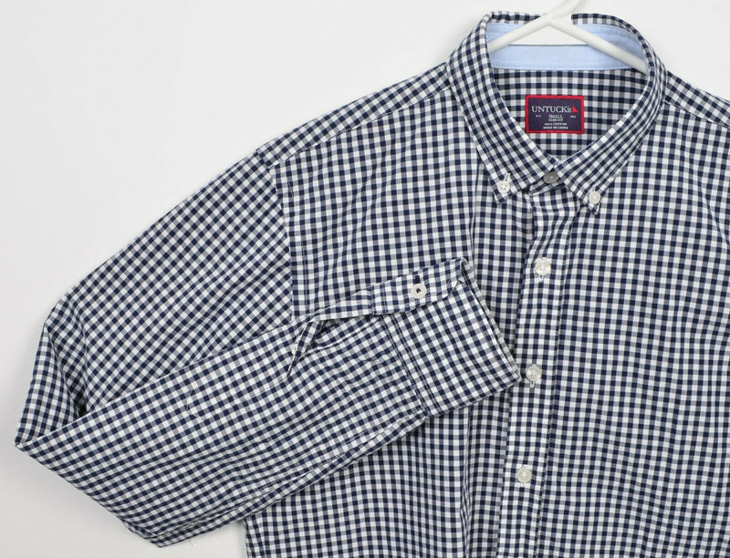 UNTUCKit Men's Small Slim Fit Navy Blue Gingham Check Button-Down Shirt