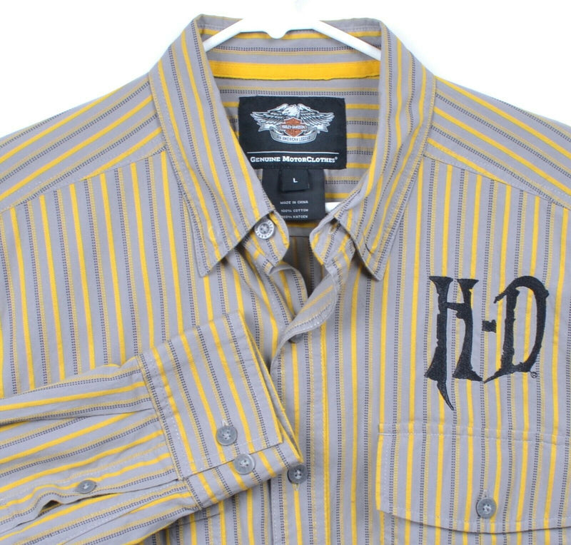 Harley-Davidson Men's Sz Large Gray Yellow Striped Garage Mechanic Biker Shirt